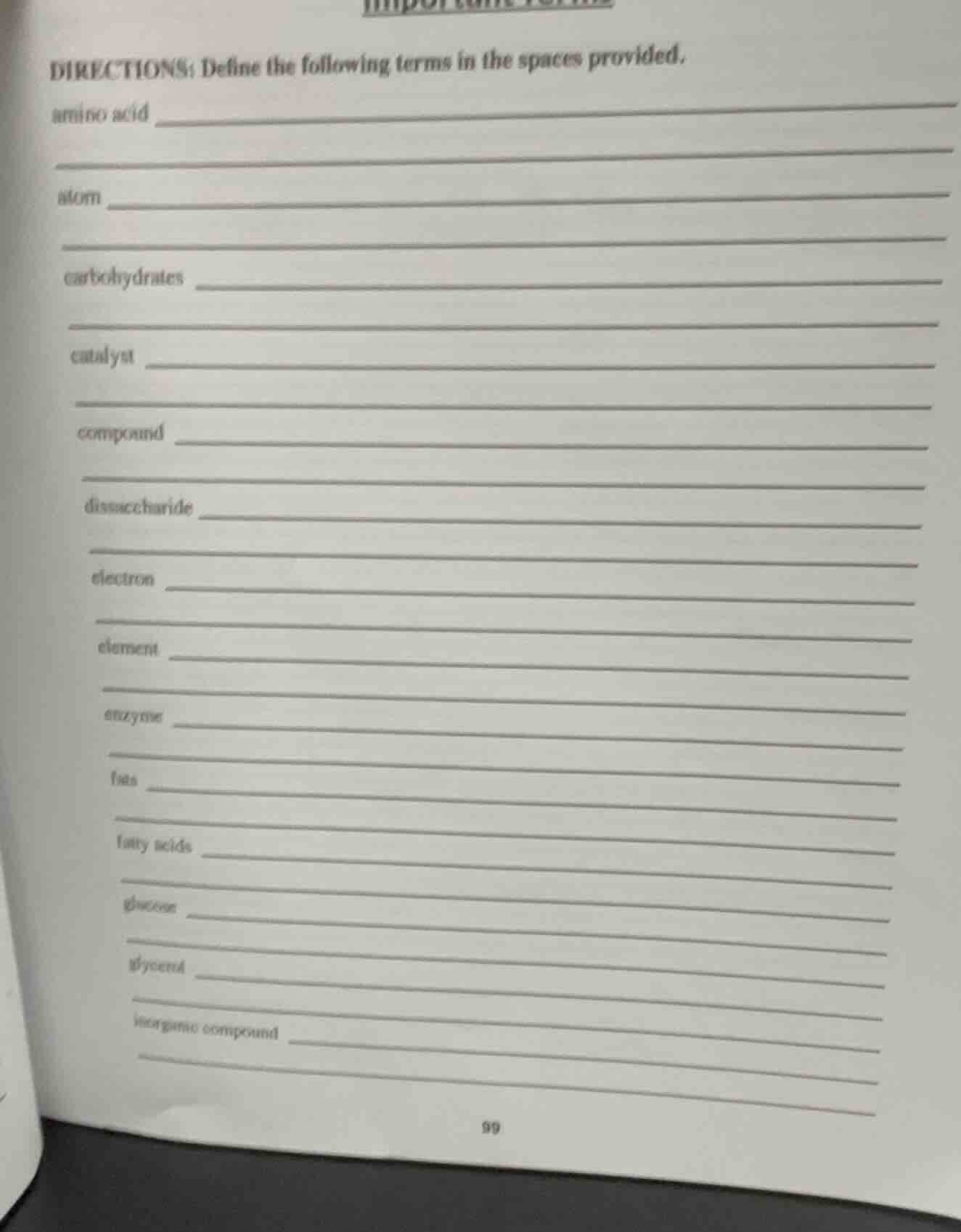 directions: define the following terms in the spaces provided. amino ac…