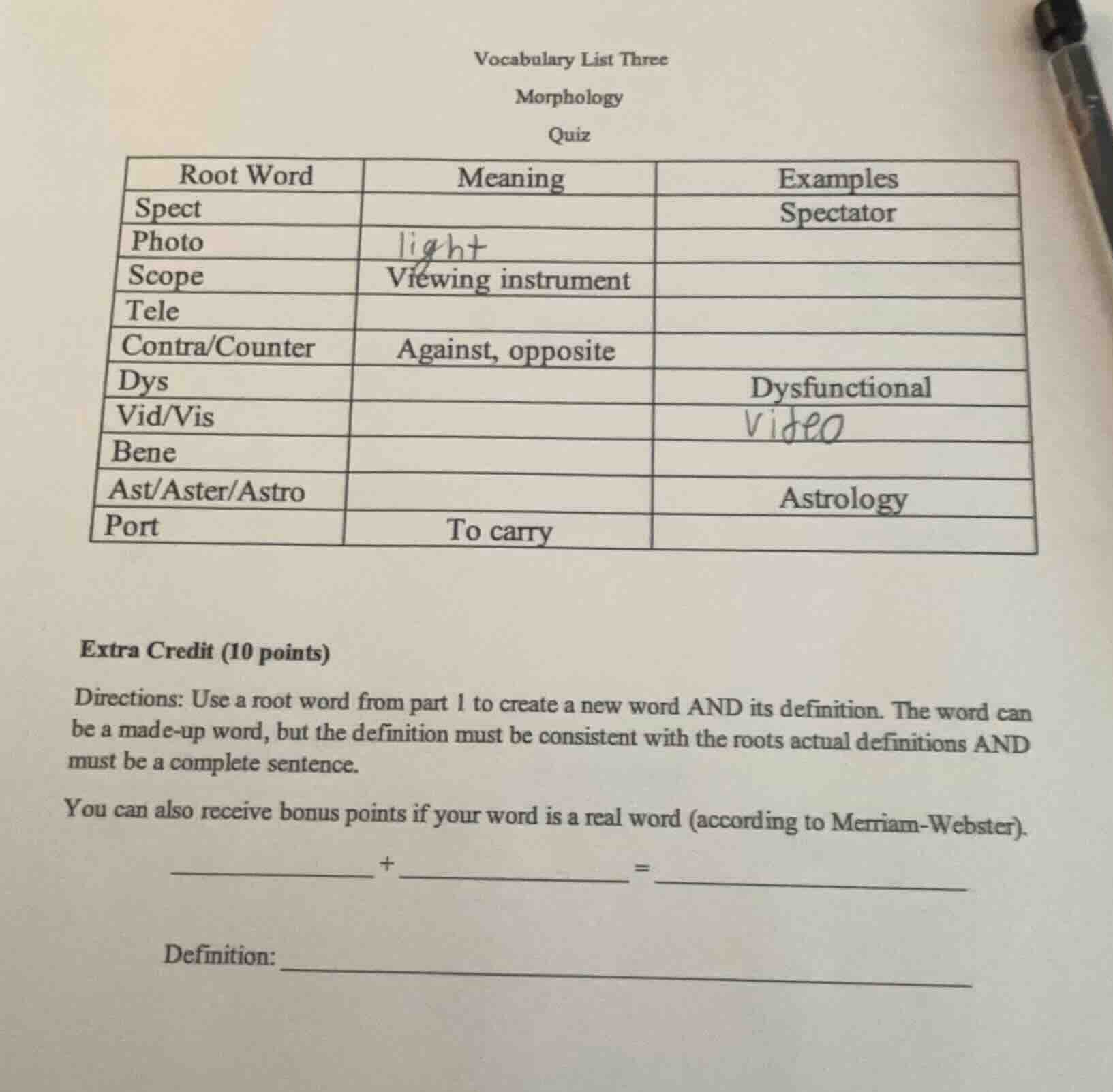 vocabulary list threemorphologyquiz| root word | meaning | examples || …