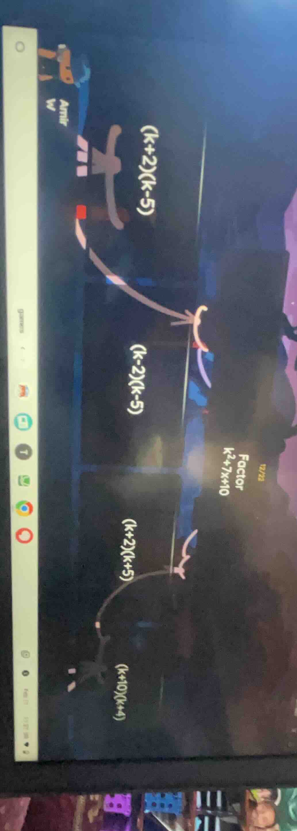 12/22 factor $k^2+7k+10$ $(k+2)(k-5)$ $(k-2)(k-5)$ $(k+2)(k+5)$ $(k+10)…