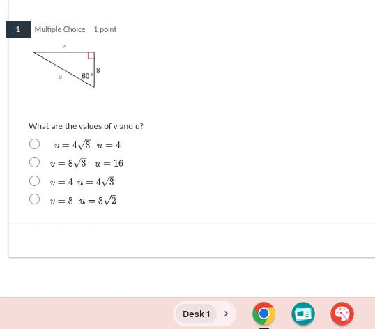 1 multiple choice 1 point what are the values of v and u? $v=4\\sqrt{3}…