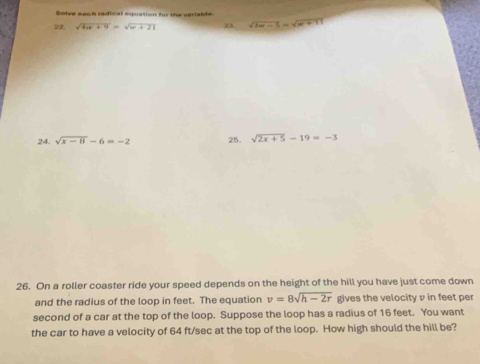 solve each radical equation for the variable. 22. $sqrt{4w + 9} = sqrt{…