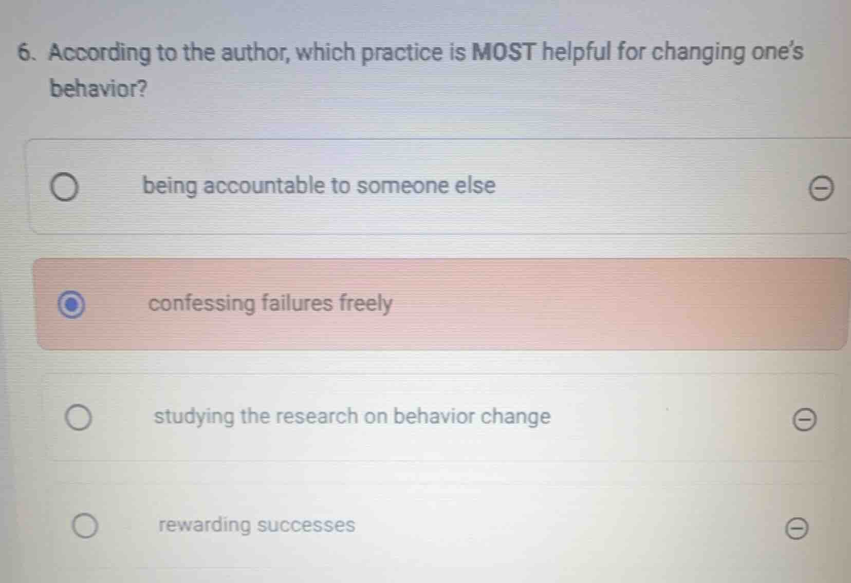 6. according to the author, which practice is most helpful for changing…