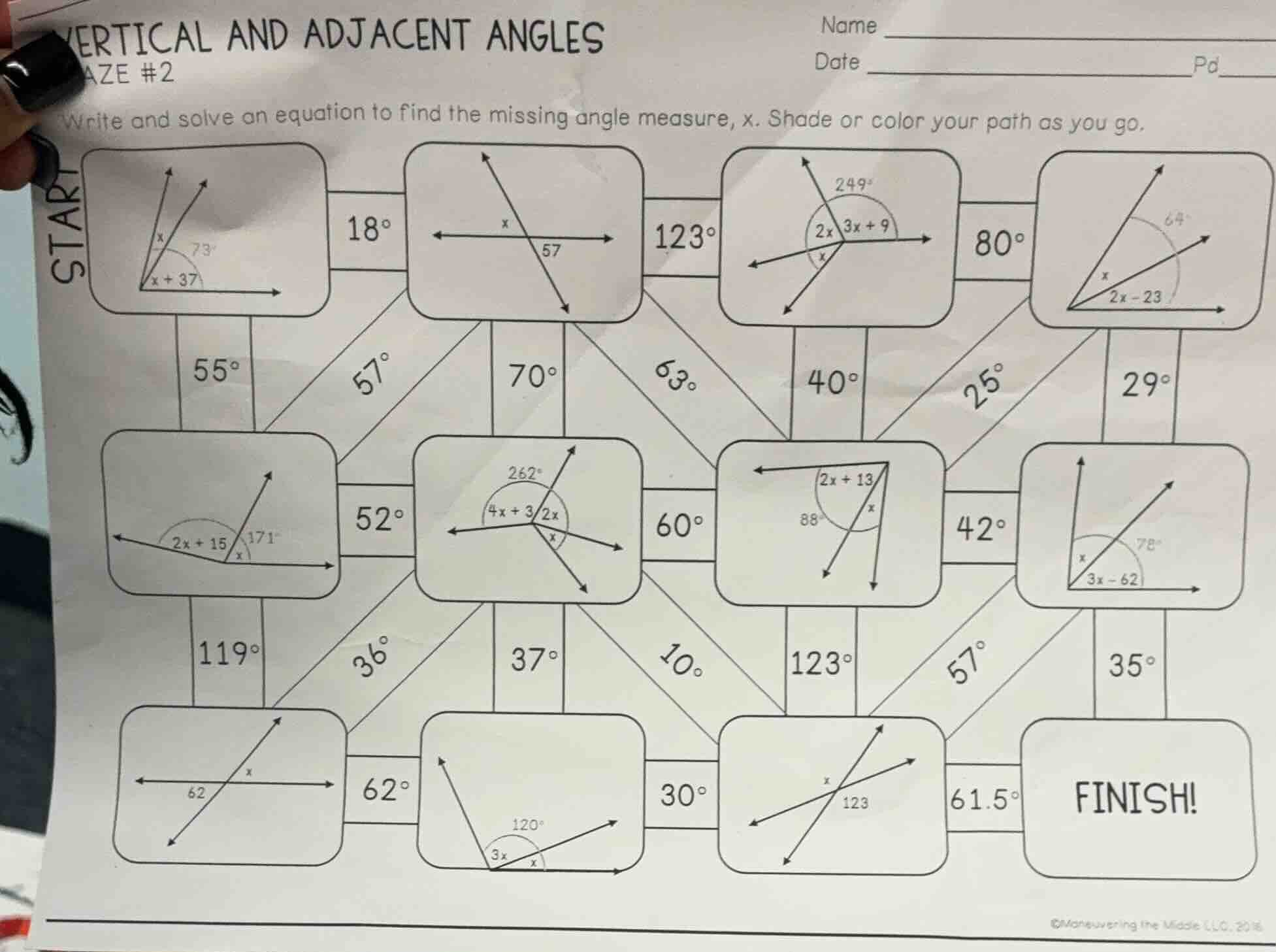 vertical and adjacent anglesmaze #2name date pdwrite and solve an equat…