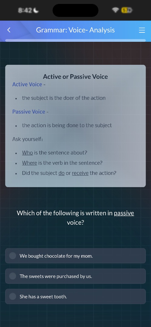 grammar: voice- analysis active or passive voice active voice - - the s…