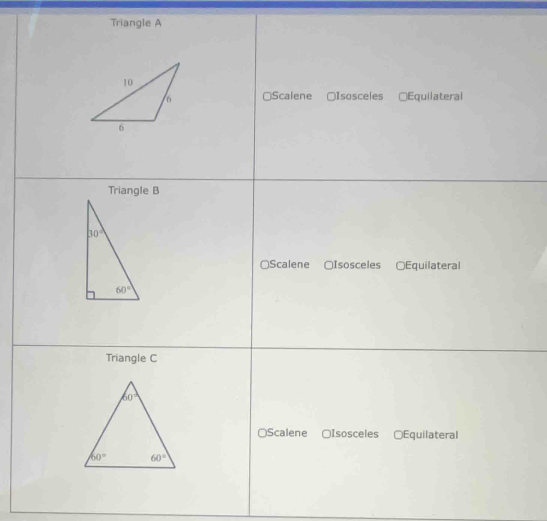 triangle a □scalene □isosceles □equilateral triangle b □scalene □isosce…