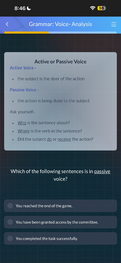 grammar: voice- analysis active or passive voice active voice - - the s…