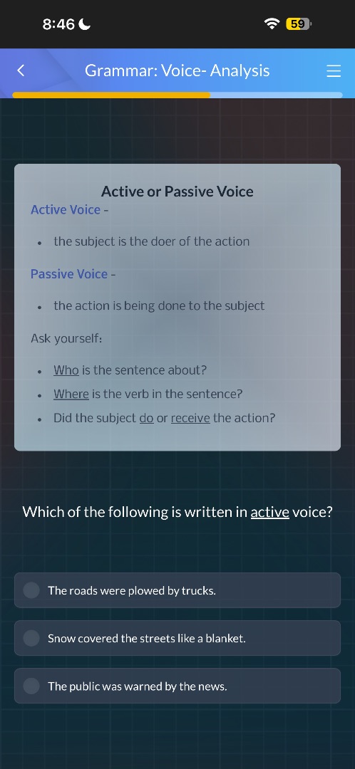 grammar: voice- analysis active or passive voice active voice - - the s…
