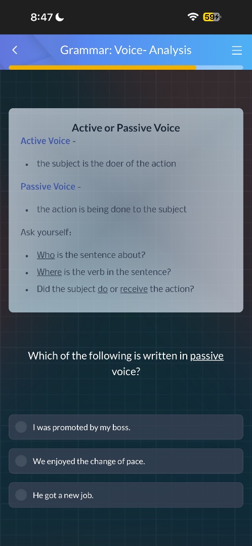 grammar: voice- analysis active or passive voice active voice - - the s…