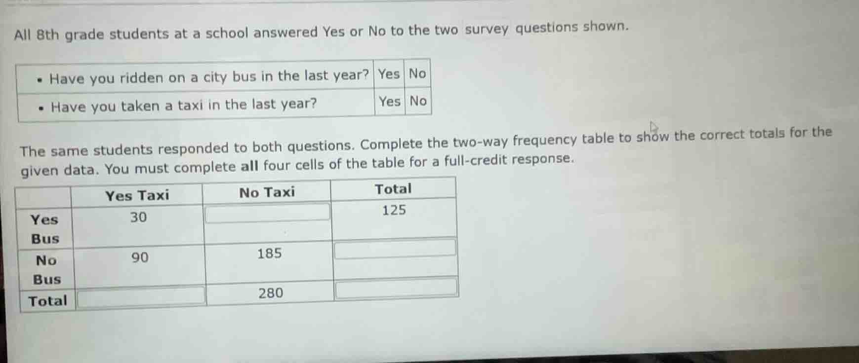 all 8th grade students at a school answered yes or no to the two survey…