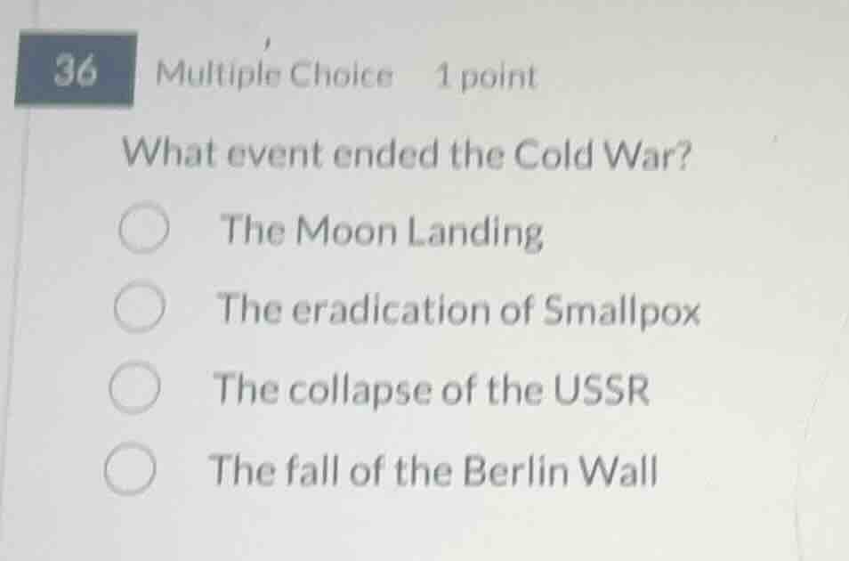 36 multiple choice 1 point what event ended the cold war? the moon land…