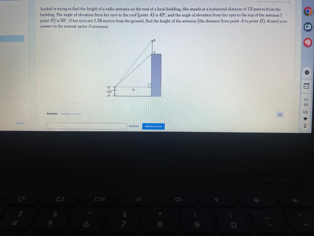xochitl is trying to find the height of a radio antenna on the roof of …