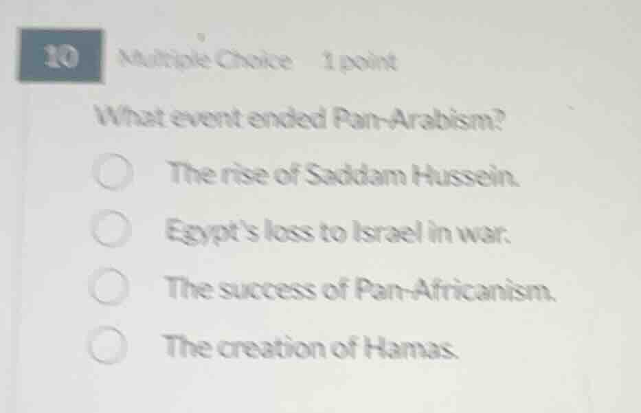 10 multiple choice 1 point what event ended pan-arabism? the rise of sa…