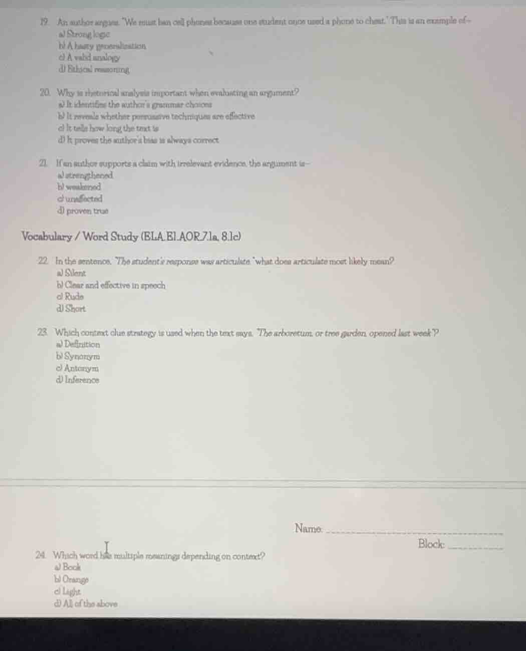 19. an author argues: we must ban cell phones because one student once …
