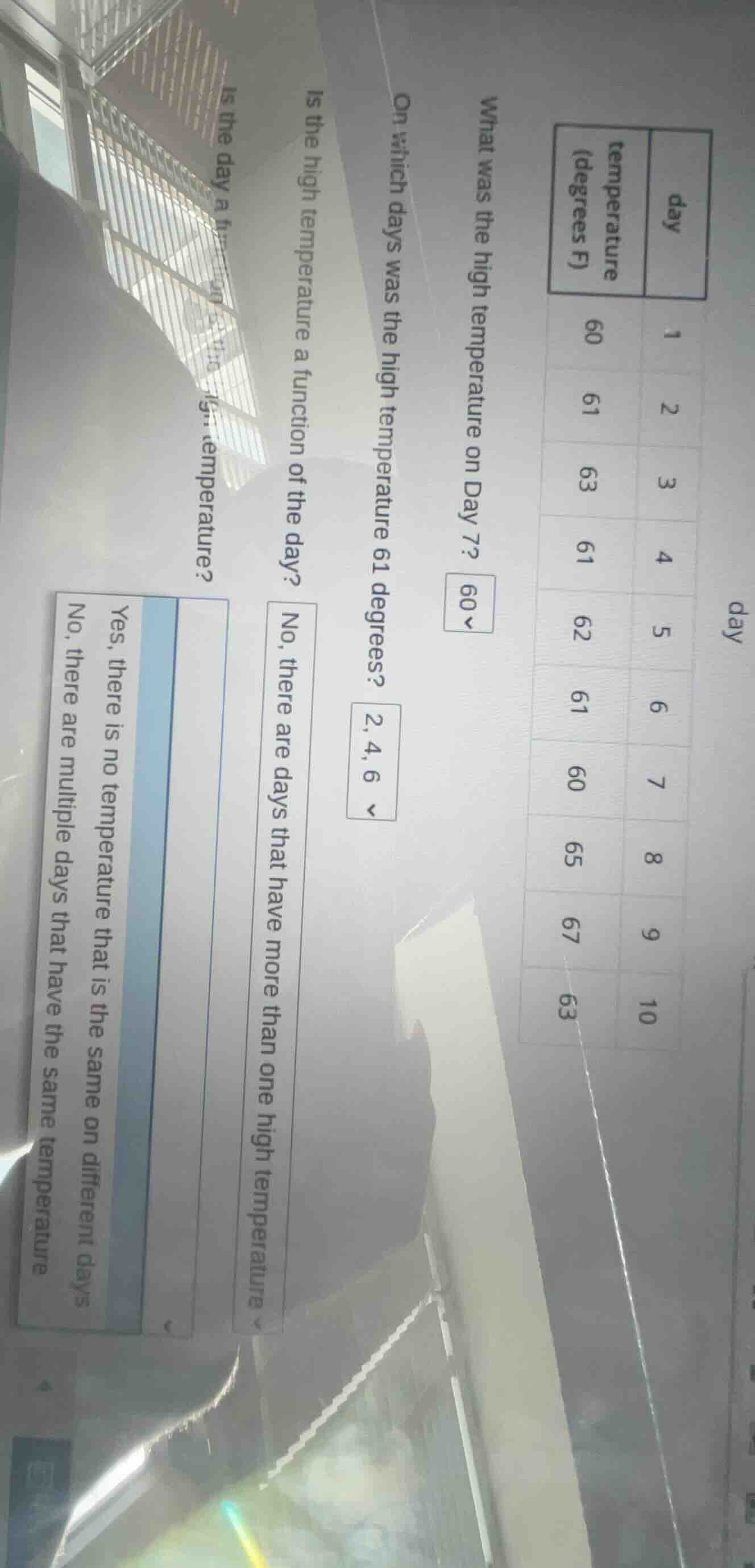 | day | temperature (degrees f) || ---- | ---- || 1 | 60 || 2 | 61 || 3…