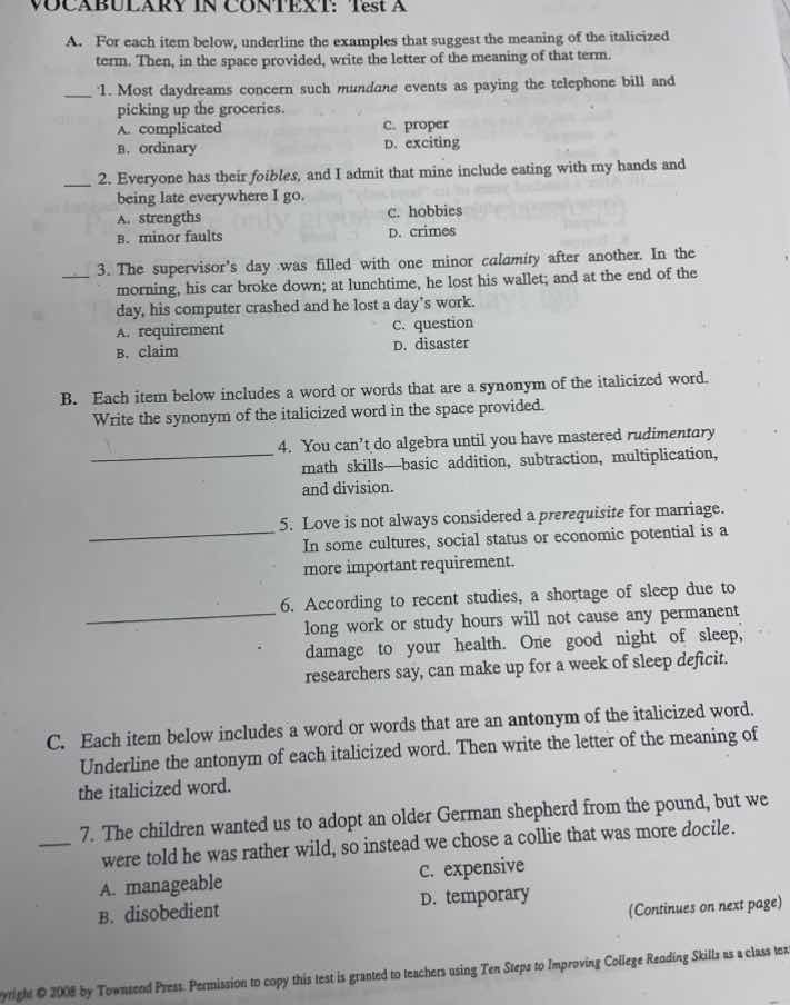 vocabulary in context: test a a. for each item below, underline the exa…