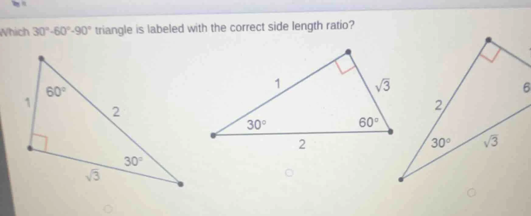 which $30^\\circ$-$60^\\circ$-$90^\\circ$ triangle is labeled with the …