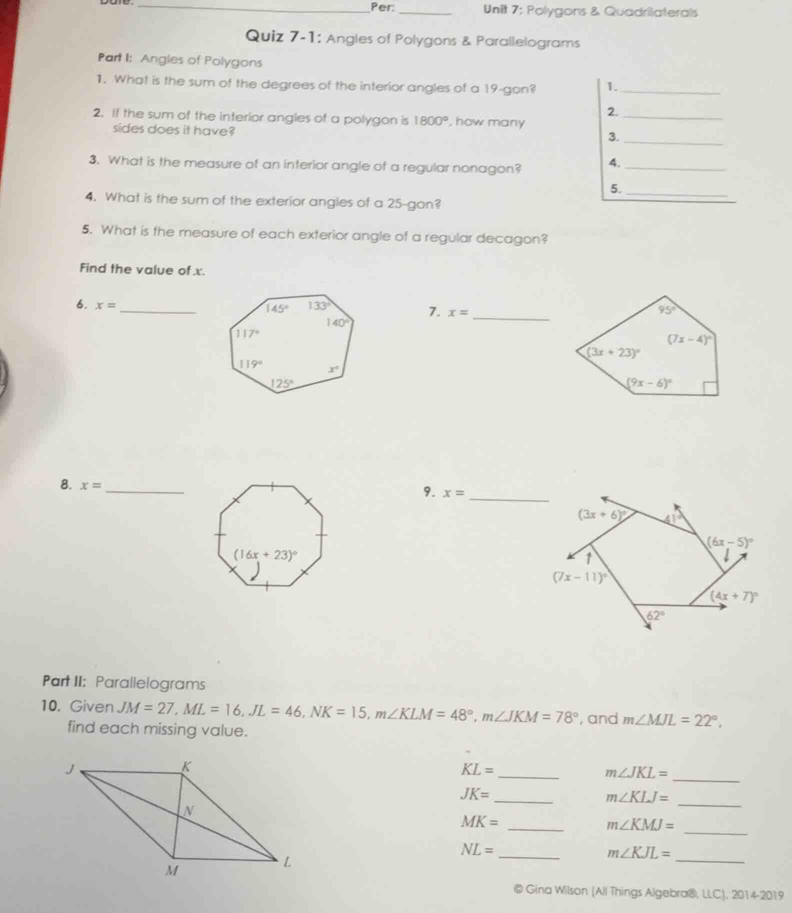 per:unit 7: polygons & quadrilateralsquiz 7-1: angles of polygons & par…