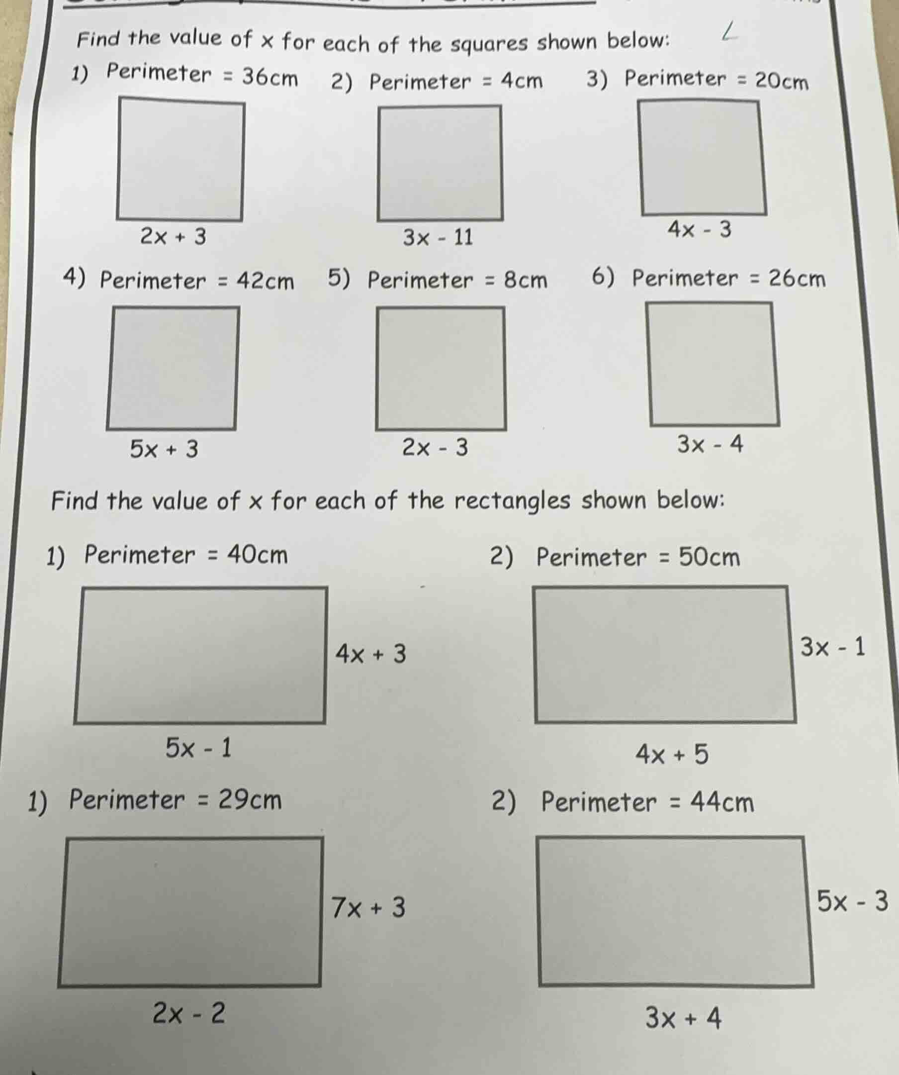 find the value of $x$ for each of the squares shown below: 1) perimeter…