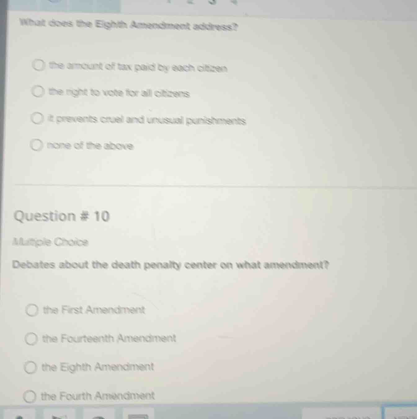 what does the eighth amendment address?○ the amount of tax paid by each…