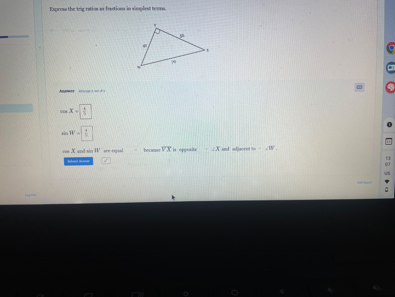 express the trig ratios as fractions in simplest terms. answer attempt …
