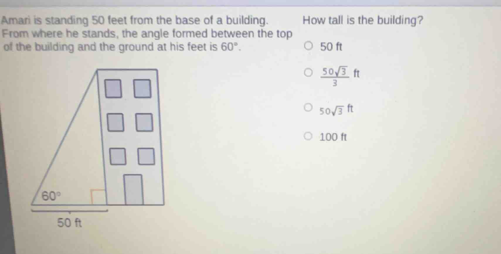 amari is standing 50 feet from the base of a building. from where he st…