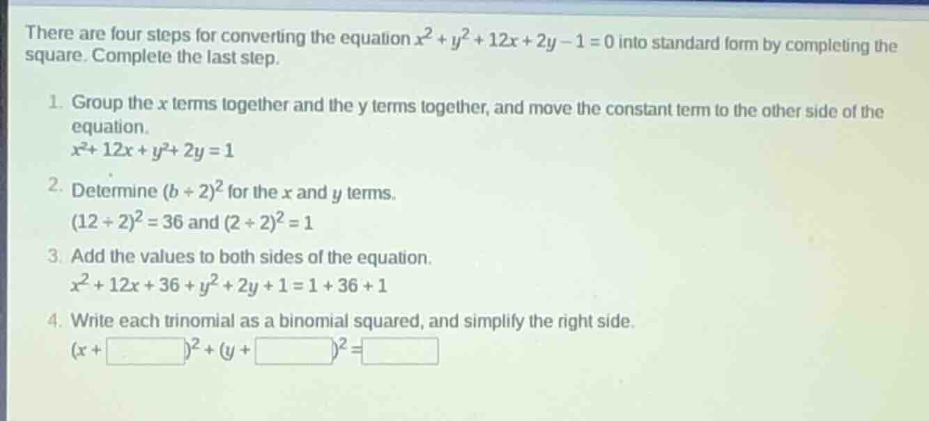there are four steps for converting the equation $x^{2}+y^{2}+12x+2y-1=…