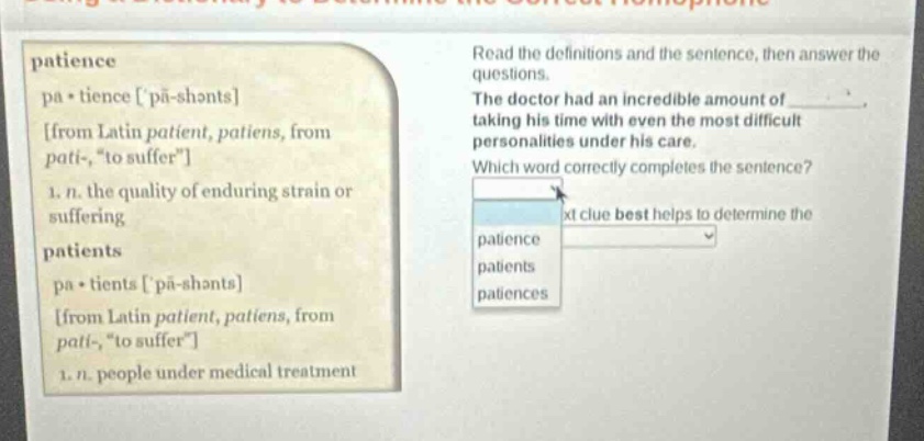 patience pa·tience ˈpā-shənts from latin patient, patiens, from pati-, …