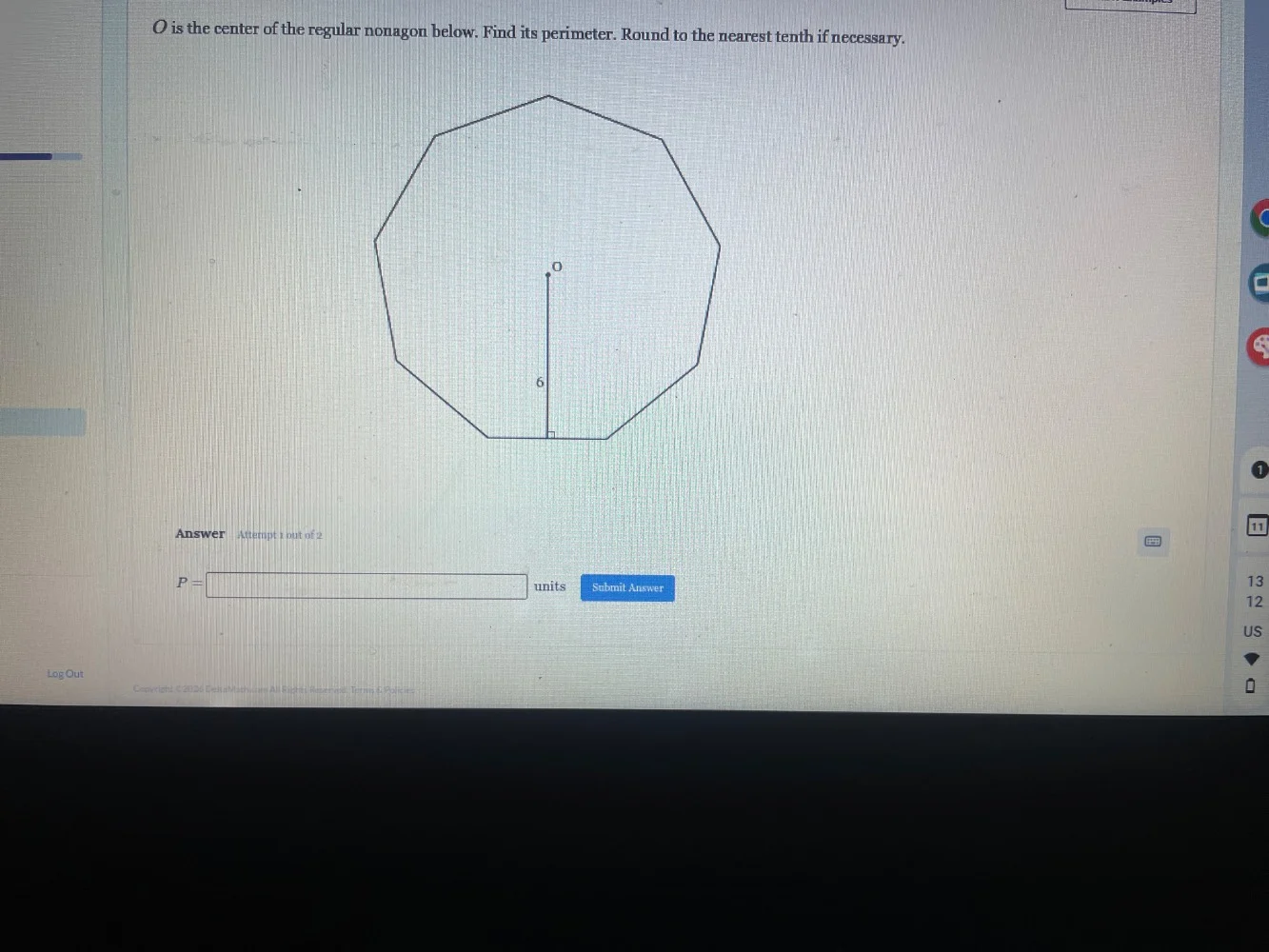 o is the center of the regular nonagon below. find its perimeter. round…