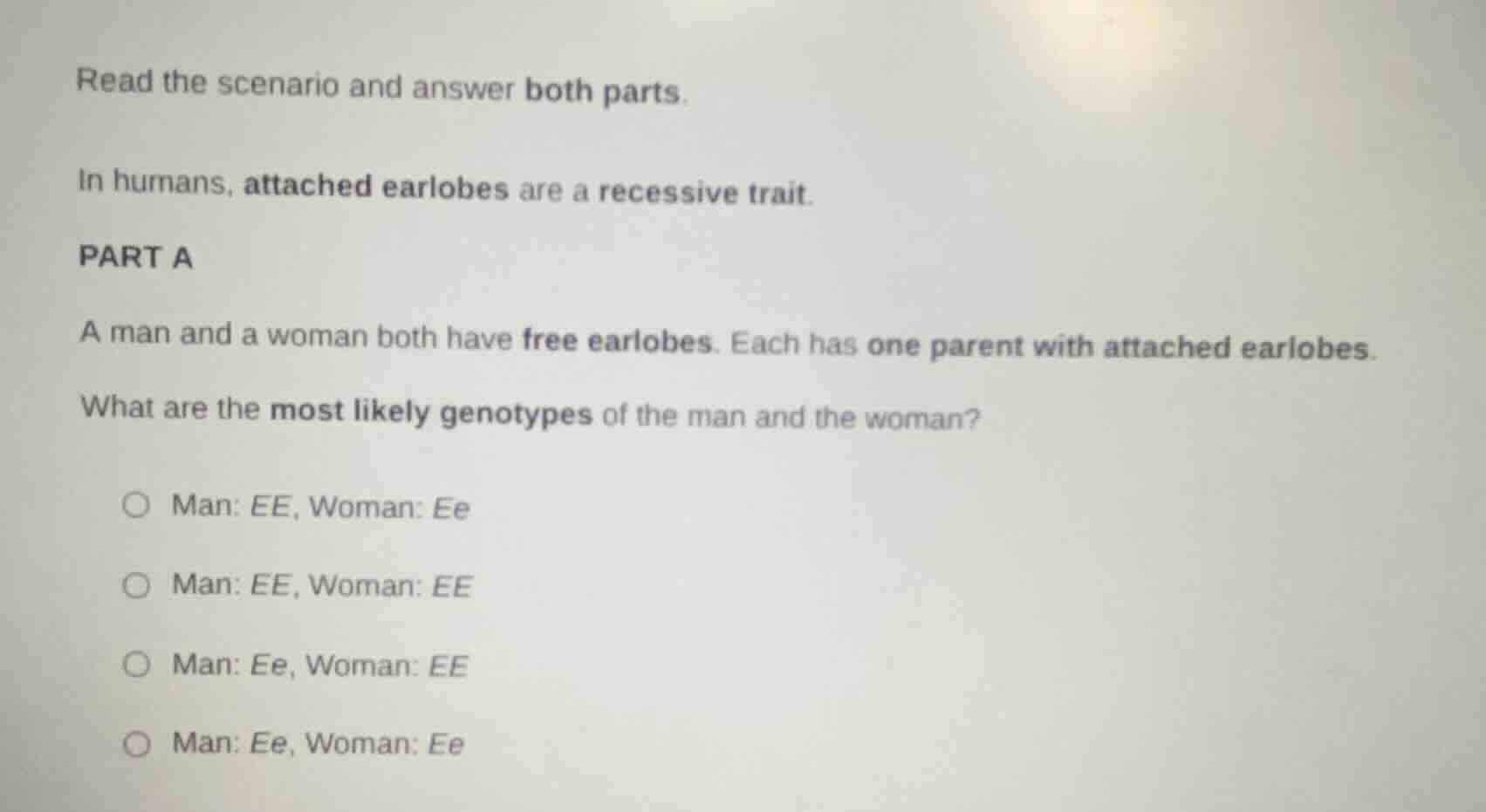 read the scenario and answer both parts. in humans, attached earlobes a…