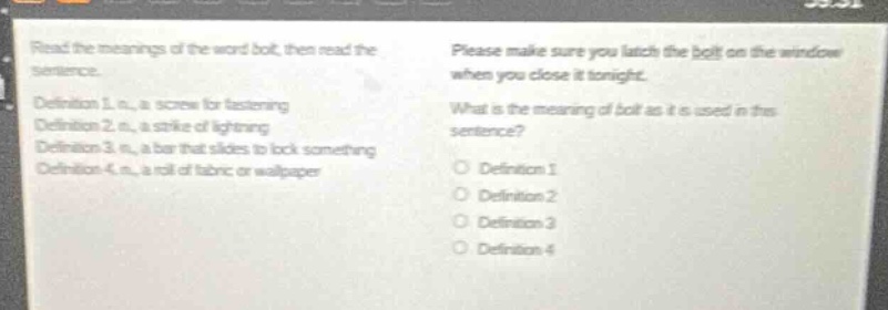 read the meanings of the word bolt, then read the sentence. definition …