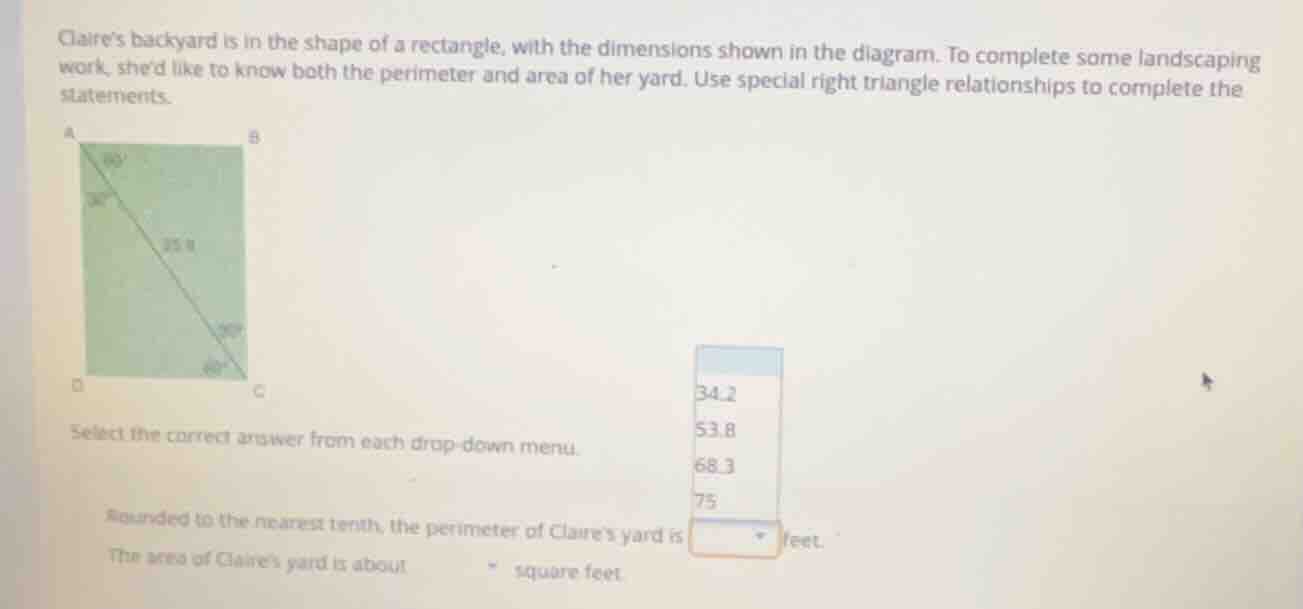 claires backyard is in the shape of a rectangle, with the dimensions sh…