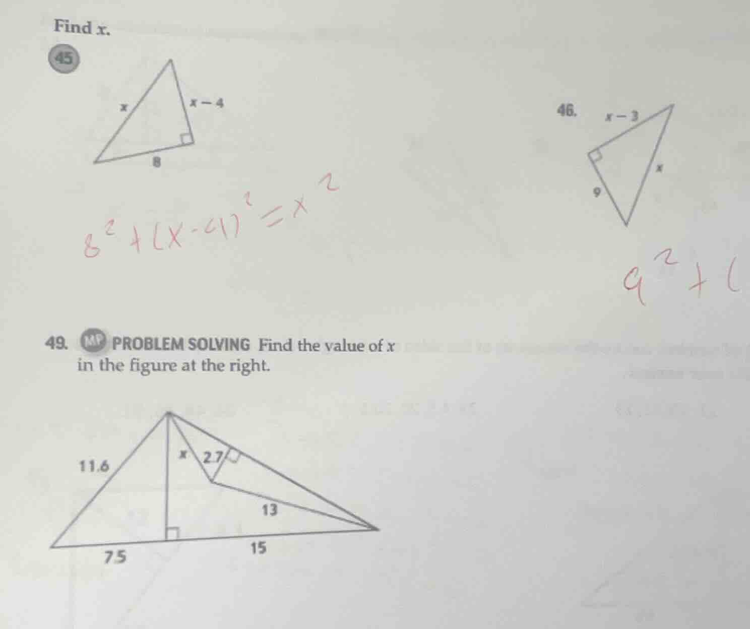 find x. 45 46. 49. problem solving find the value of x in the figure at…