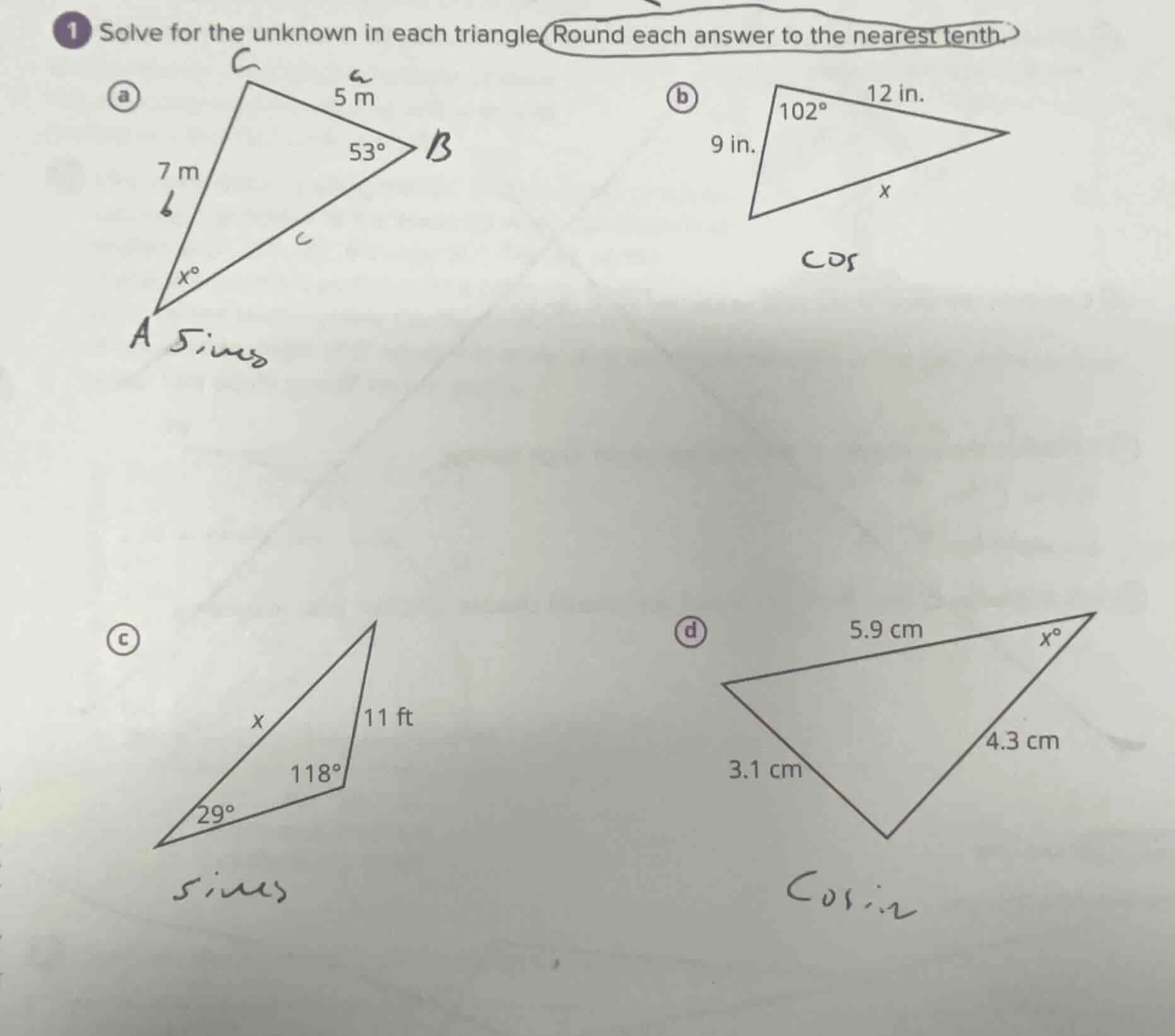 1 solve for the unknown in each triangle. round each answer to the near…