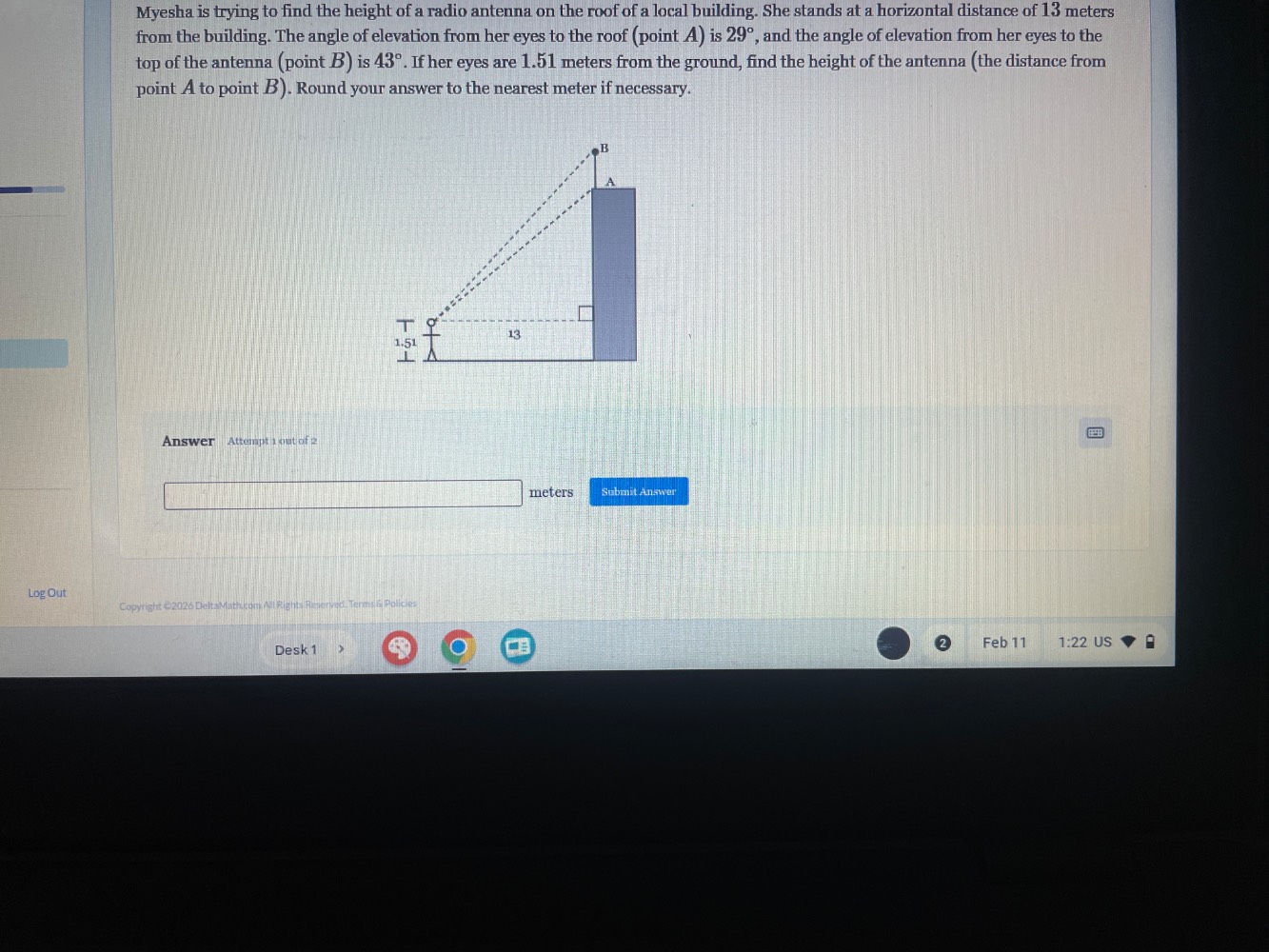 myesha is trying to find the height of a radio antenna on the roof of a…