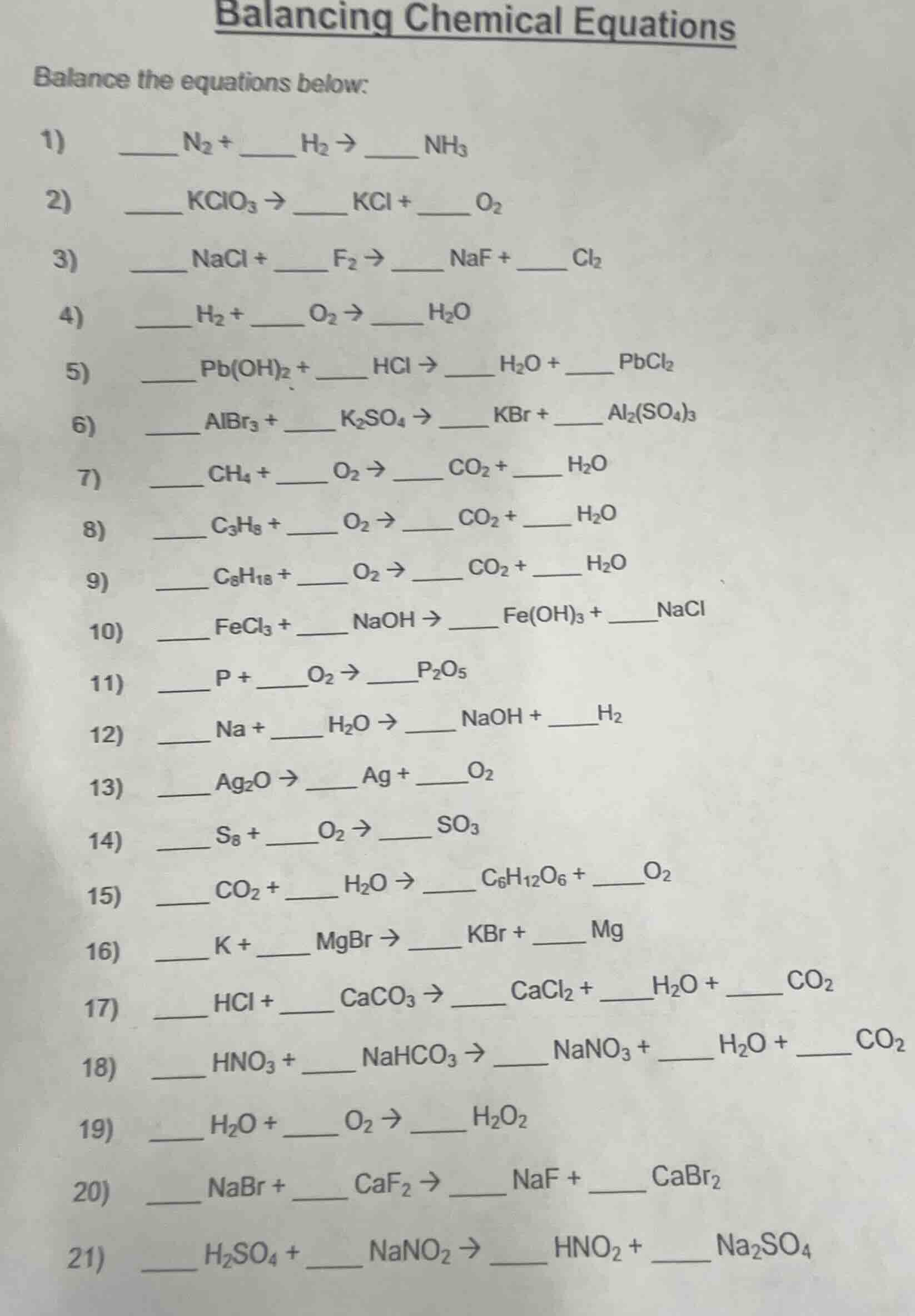 balancing chemical equations balance the equations below: 1) ____ $\tex…