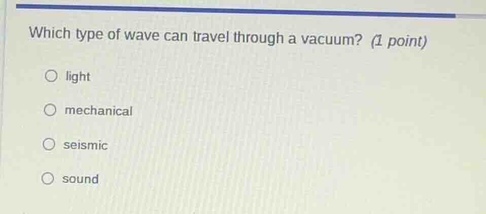 which type of wave can travel through a vacuum? (1 point) light mechani…