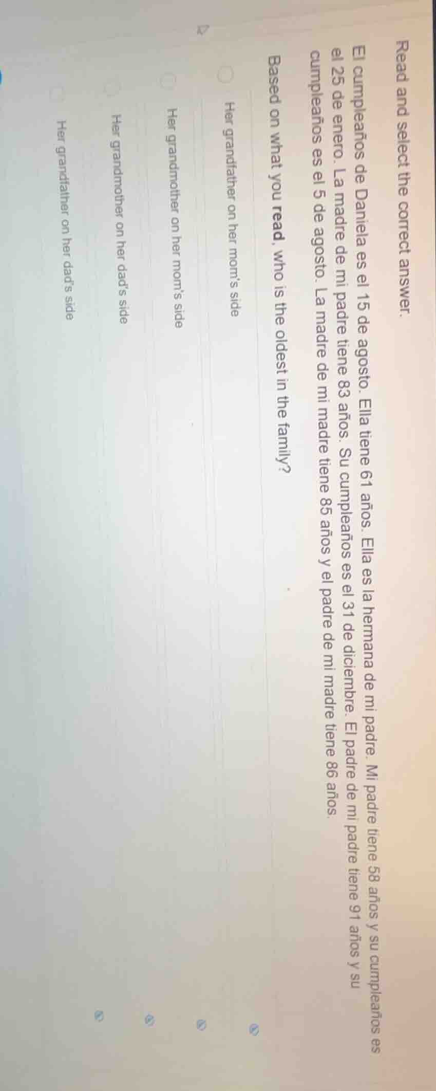 read and select the correct answer. el cumpleaños de daniela es el 15 d…