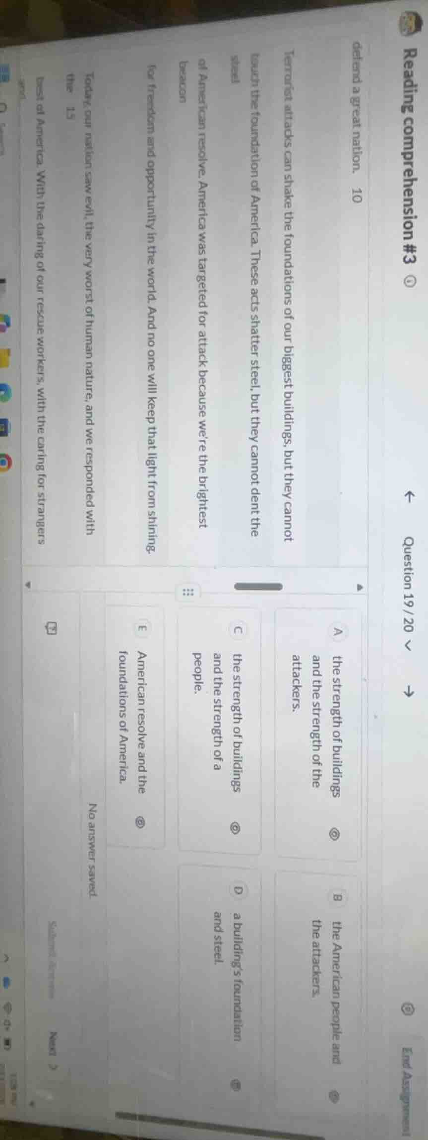 reading comprehension #3question 19/20defend a great nation. 10terroris…