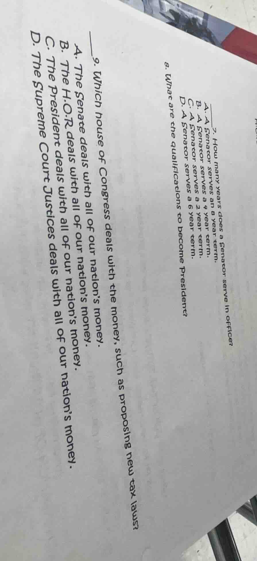 7. how many years does a senator serve in office?a. a senator serves an…