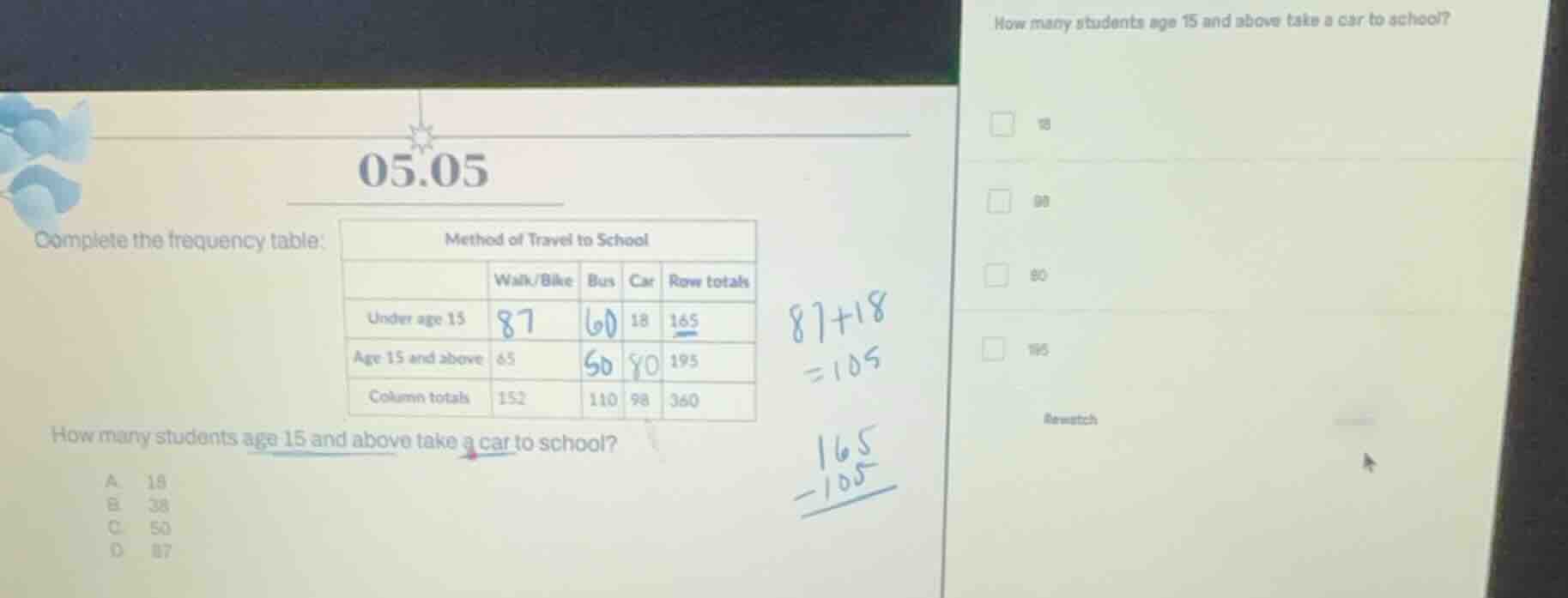 05.05 complete the frequency table: method of travel to school | | walk…
