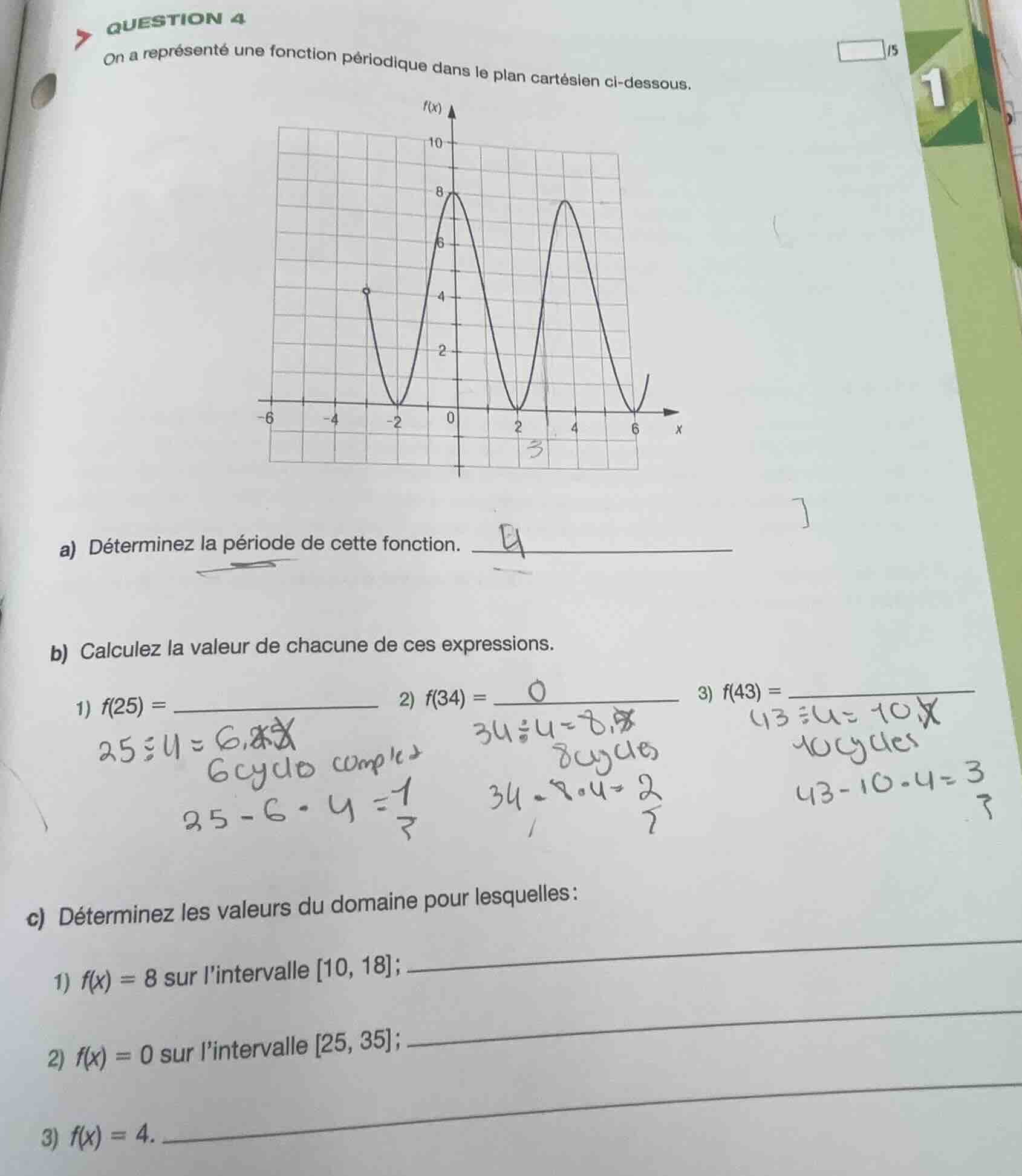 question 4 on a représenté une fonction périodique dans le plan cartési…
