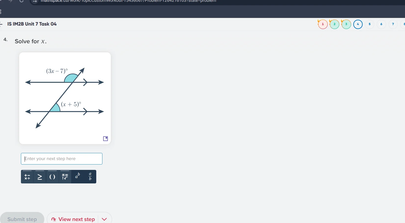 is im2b unit 7 task 04 4. solve for $x$. $(3x - 7)^\\circ$ $(x + 5)^\\c…