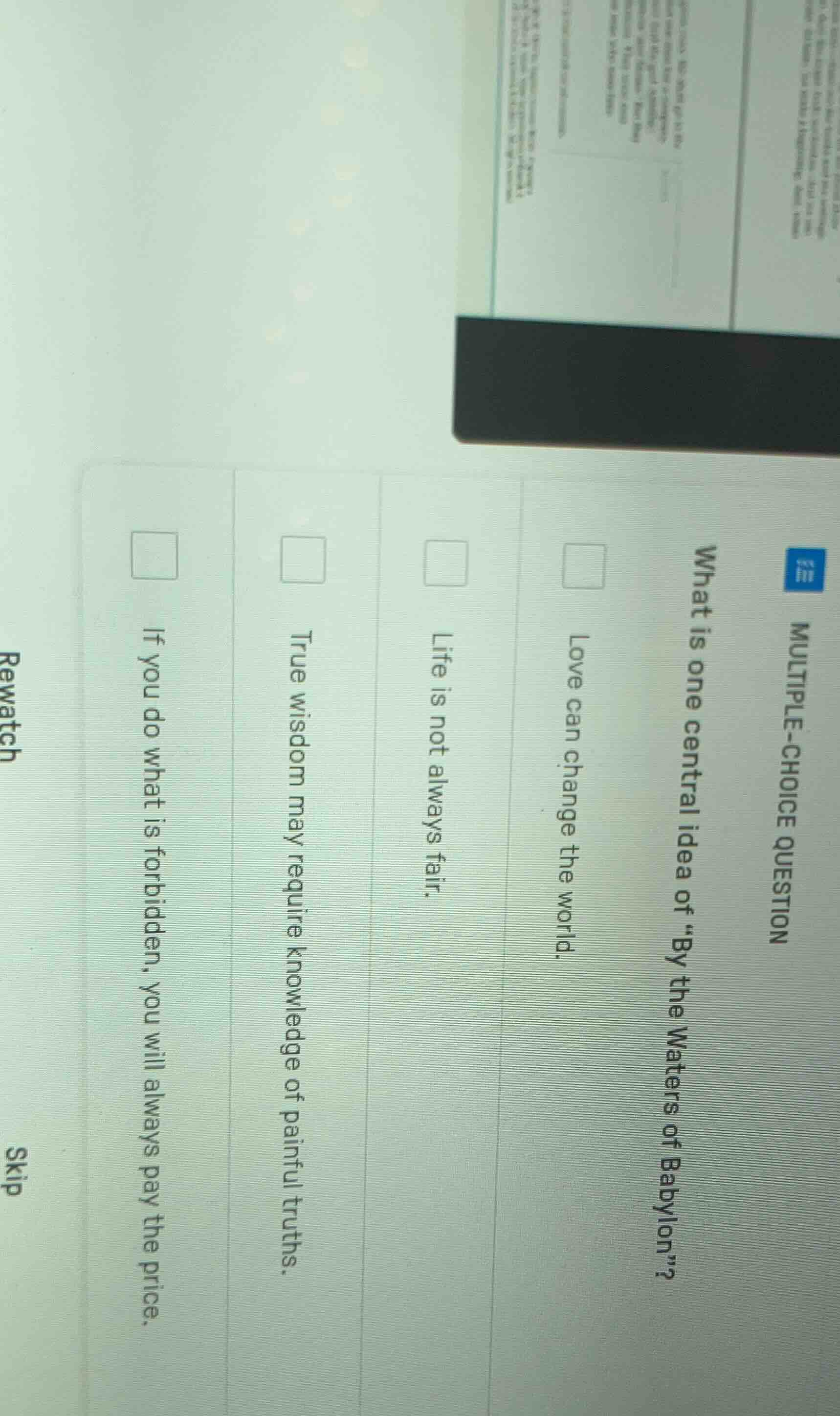 multiple-choice question what is one central idea of \by the waters of …