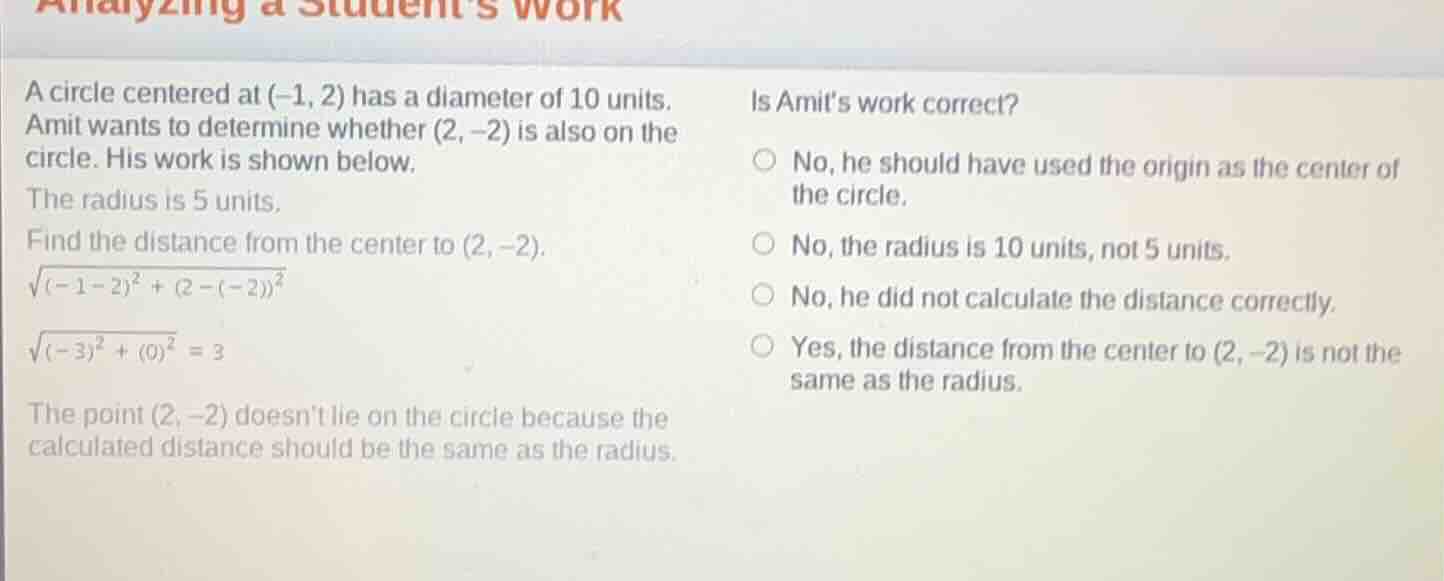 analyzing a students work a circle centered at $(-1, 2)$ has a diameter…