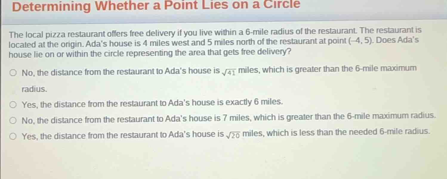 determining whether a point lies on a circle the local pizza restaurant…