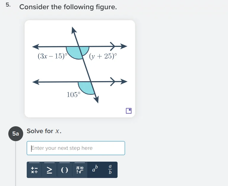 5. consider the following figure. $(3x - 15)^\\circ$ $(y + 25)^\\circ$ …