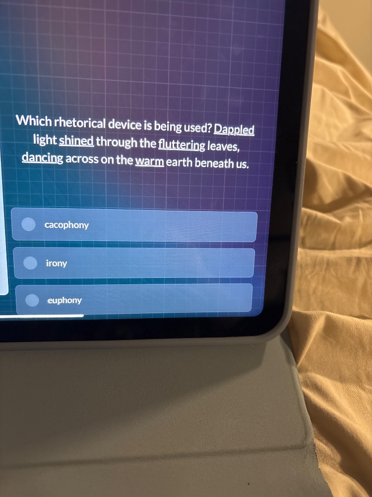 which rhetorical device is being used? dappled light shined through the…