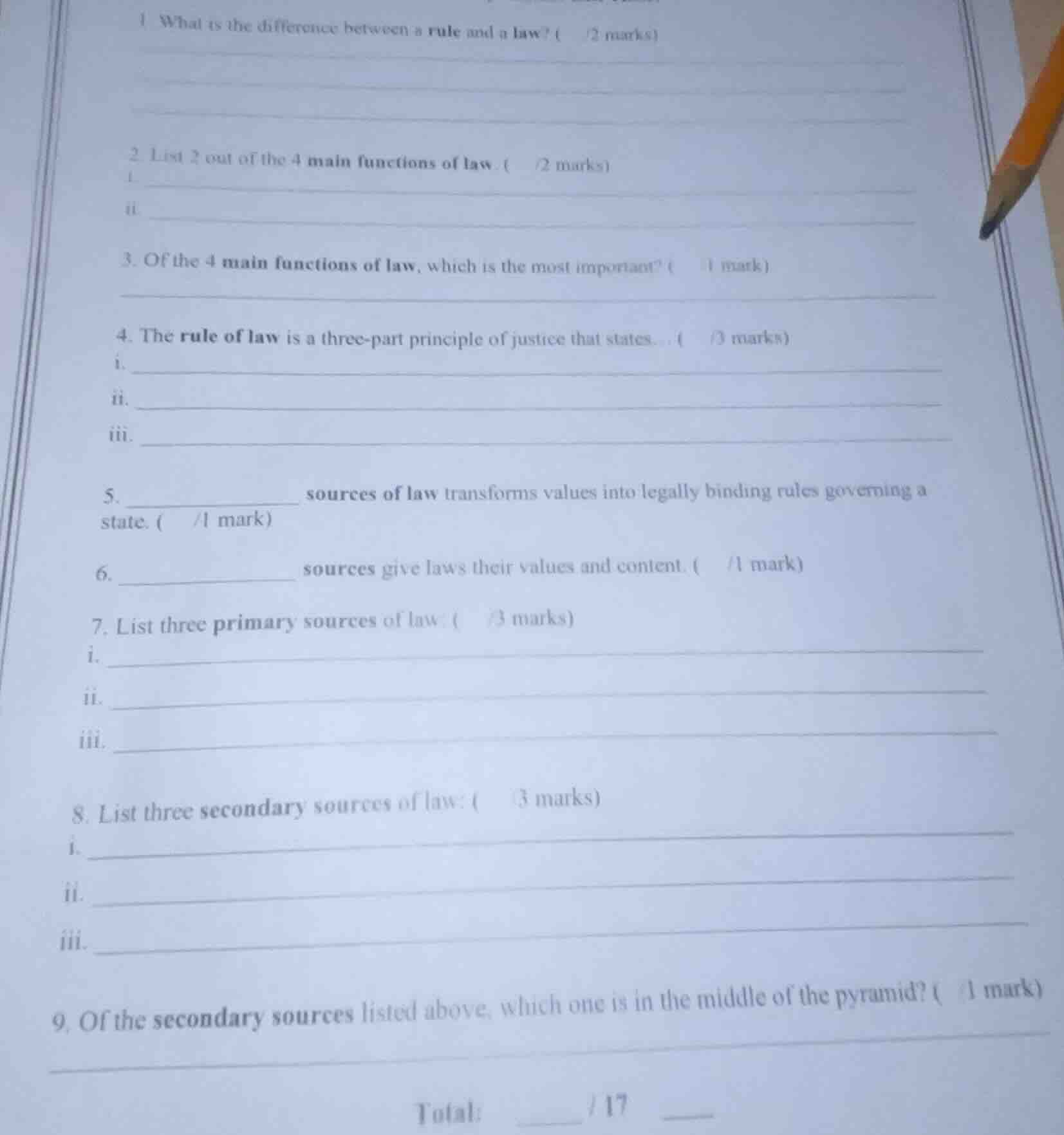 1. what is the difference between a rule and a law? (2 marks)2. list 2 …