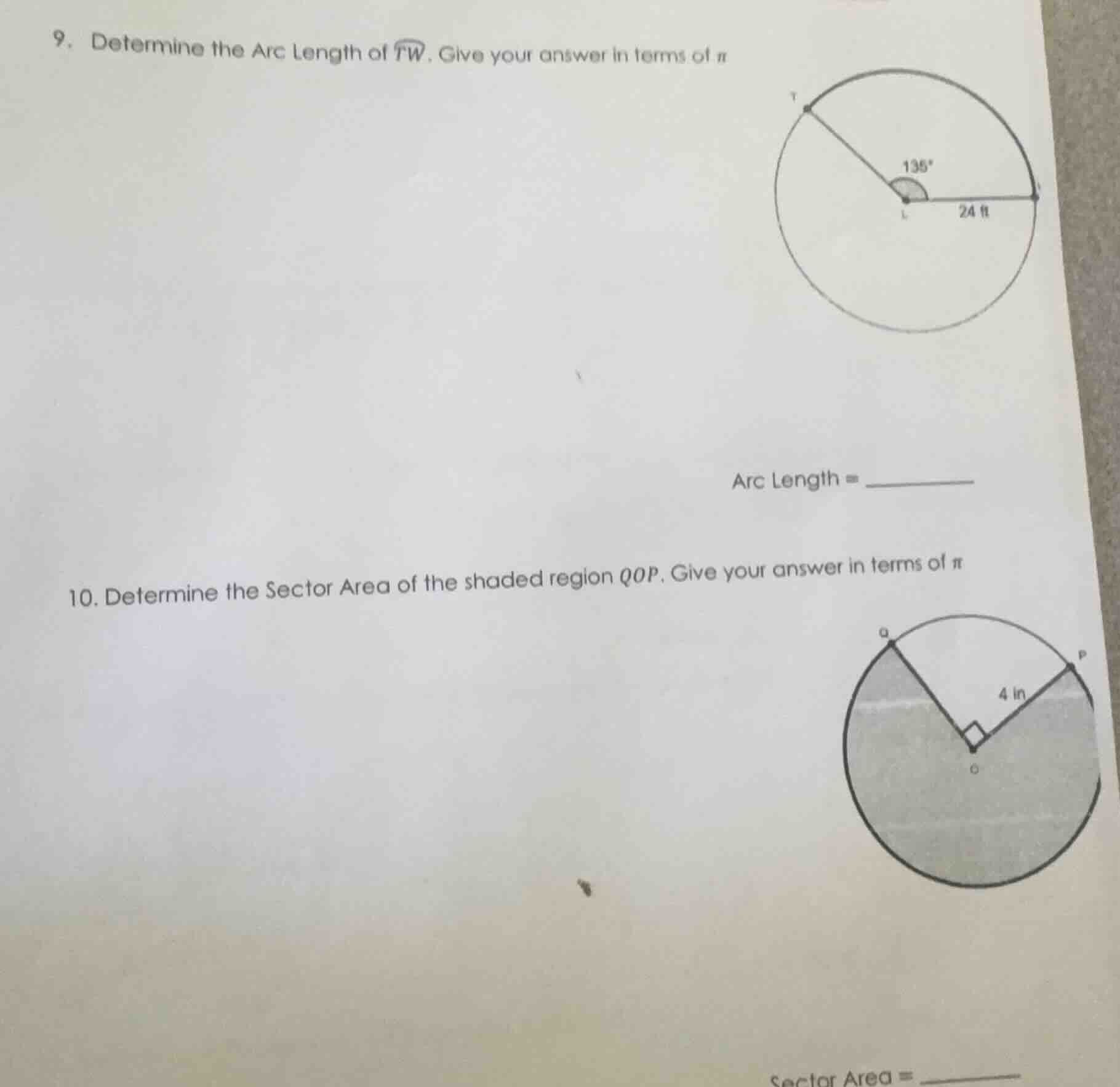 9. determine the arc length of $widehat{tw}$. give your answer in terms…