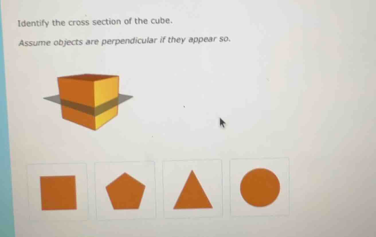 identify the cross section of the cube. assume objects are perpendicula…